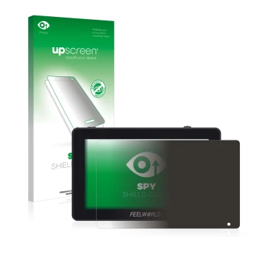 Vorderseite einer Produktverpackung mit dem Markenlogo upscreen. Daneben ist das Gerät Feelworld F6 Plus mit dem zugehörigen D
