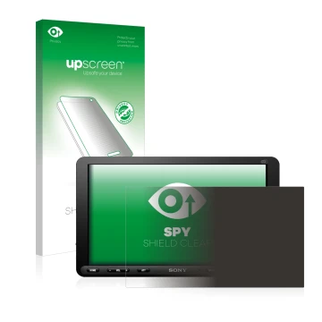 Vorderseite einer Produktverpackung mit dem Markenlogo upscreen. Daneben ist das Gerät Sony XAV-AX8050D mit dem zugehörigen Di