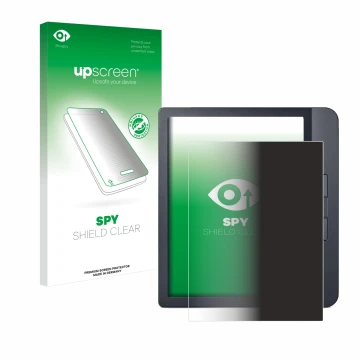 Vorderseite einer Produktverpackung mit dem Markenlogo upscreen. Daneben ist das Gerät Kobo Libra H2O mit dem zugehörigen Disp