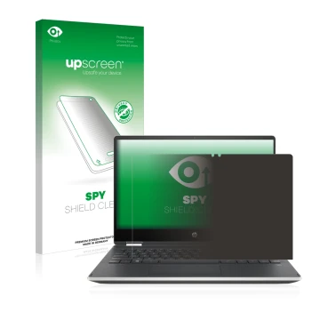 Vorderseite einer Produktverpackung mit dem Markenlogo upscreen. Daneben ist das Gerät HP Pavilion x360 (14-dhX) mit dem zugeh