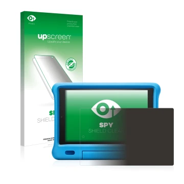 Vorderseite einer Produktverpackung mit dem Markenlogo upscreen. Daneben ist das Gerät Amazon Fire HD 10 Kids 2019 (9. Gen.) m