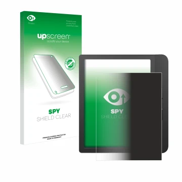 Vorderseite einer Produktverpackung mit dem Markenlogo upscreen. Daneben ist das Gerät Tolino Vision 5 mit dem zugehörigen Dis