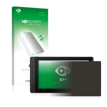 Vorderseite einer Produktverpackung mit dem Markenlogo upscreen. Daneben ist das Gerät Huion Kamvas Pro 16 Premium mit dem zug