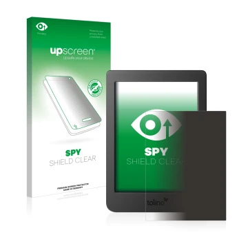 Vorderseite einer Produktverpackung mit dem Markenlogo upscreen. Daneben ist das Gerät Tolino Page 2 mit dem zugehörigen Displ