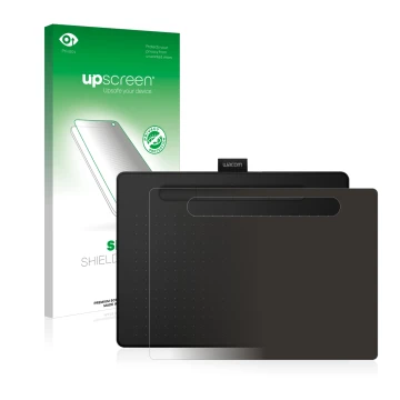 Vorderseite einer Produktverpackung mit dem Markenlogo upscreen. Daneben ist das Gerät Wacom Intuos M mit dem zugehörigen Disp