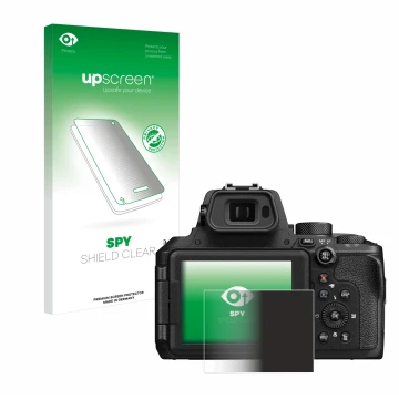 Vorderseite einer Produktverpackung mit dem Markenlogo upscreen. Daneben ist das Gerät Nikon Coolpix P950 mit dem zugehörigen 