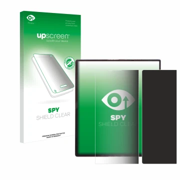 Vorderseite einer Produktverpackung mit dem Markenlogo upscreen. Daneben ist das Gerät Huawei Mate Xs mit dem zugehörigen Disp