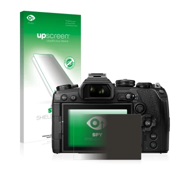 Vorderseite einer Produktverpackung mit dem Markenlogo upscreen. Daneben ist das Gerät Olympus OM-D E-M1 Mark III mit dem zuge