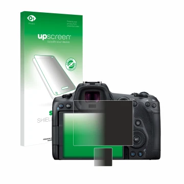 Vorderseite einer Produktverpackung mit dem Markenlogo upscreen. Daneben ist das Gerät Canon EOS R5 mit dem zugehörigen Displa