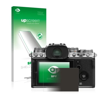 Vorderseite einer Produktverpackung mit dem Markenlogo upscreen. Daneben ist das Gerät Fujifilm X-T4 mit dem zugehörigen Displ