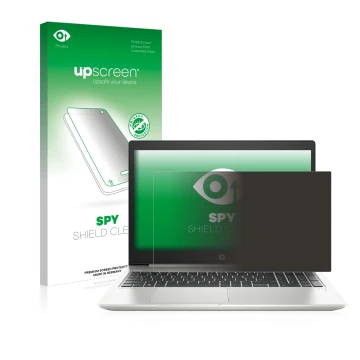 Vorderseite einer Produktverpackung mit dem Markenlogo upscreen. Daneben ist das Gerät HP ProBook 450 G6 mit dem zugehörigen D