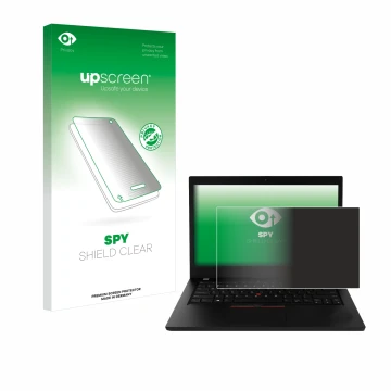 Vorderseite einer Produktverpackung mit dem Markenlogo upscreen. Daneben ist das Gerät Lenovo ThinkPad L490 mit dem zugehörige