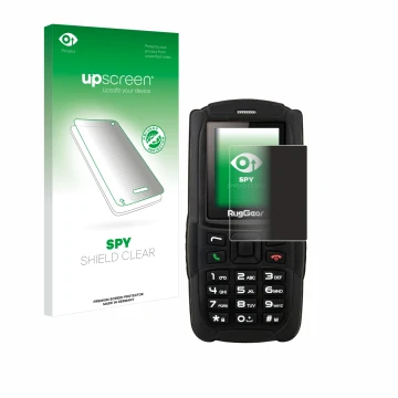 Vorderseite einer Produktverpackung mit dem Markenlogo upscreen. Daneben ist das Gerät RugGear RG129 mit dem zugehörigen Displ