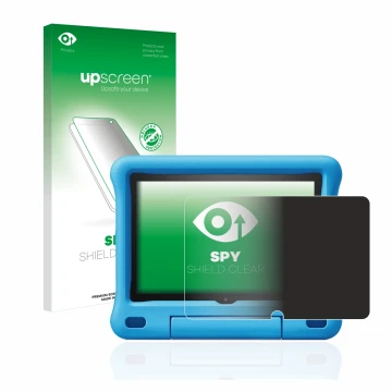 Vorderseite einer Produktverpackung mit dem Markenlogo upscreen. Daneben ist das Gerät Amazon Fire HD 8 Kids Edition 2020 (10.