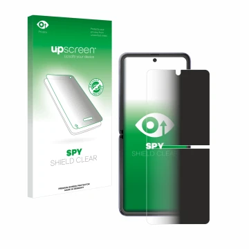 Vorderseite einer Produktverpackung mit dem Markenlogo upscreen. Daneben ist das Gerät Samsung Galaxy Z Flip 5G mit dem zugehö