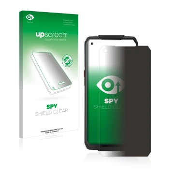 Vorderseite einer Produktverpackung mit dem Markenlogo upscreen. Daneben ist das Gerät Oukitel WP7 mit dem zugehörigen Display