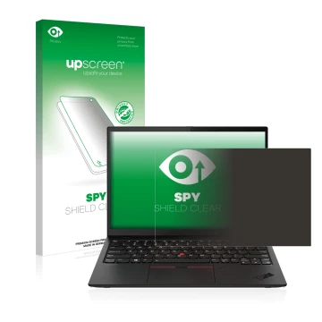 Vorderseite einer Produktverpackung mit dem Markenlogo upscreen. Daneben ist das Gerät Lenovo ThinkPad X1 Nano mit dem zugehör