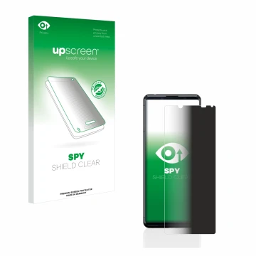 Vorderseite einer Produktverpackung mit dem Markenlogo upscreen. Daneben ist das Gerät Sony Xperia 5 II mit dem zugehörigen Di