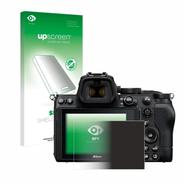 Vorderseite einer Produktverpackung mit dem Markenlogo upscreen. Daneben ist das Gerät Nikon Z 5 mit dem zugehörigen Displaysc