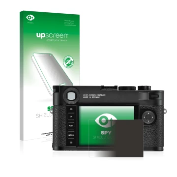 Vorderseite einer Produktverpackung mit dem Markenlogo upscreen. Daneben ist das Gerät Leica M10-R mit dem zugehörigen Display