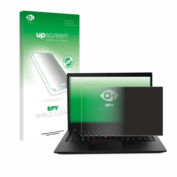 Vorderseite einer Produktverpackung mit dem Markenlogo upscreen. Daneben ist das Gerät Lenovo ThinkPad T14s Gen 1 mit dem zuge