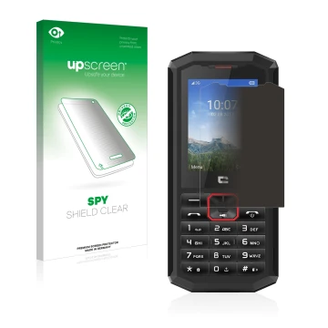 Vorderseite einer Produktverpackung mit dem Markenlogo upscreen. Daneben ist das Gerät Crosscall Spider X5 mit dem zugehörigen