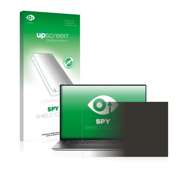 Vorderseite einer Produktverpackung mit dem Markenlogo upscreen. Daneben ist das Gerät Dell XPS 15 9500 mit dem zugehörigen Di