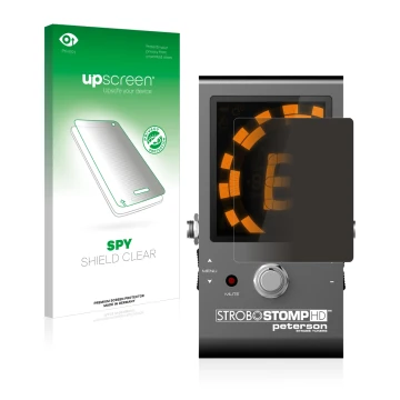 Vorderseite einer Produktverpackung mit dem Markenlogo upscreen. Daneben ist das Gerät Peterson Strobostomp HD mit dem zugehör