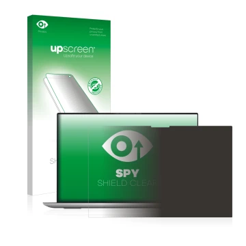 Vorderseite einer Produktverpackung mit dem Markenlogo upscreen. Daneben ist das Gerät Dell XPS 17 9700 touch mit dem zugehöri
