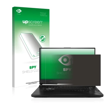 Vorderseite einer Produktverpackung mit dem Markenlogo upscreen. Daneben ist das Gerät ASUS ROG Strix G17 G712LW-EV010T mit de