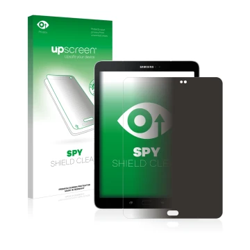 Vorderseite einer Produktverpackung mit dem Markenlogo upscreen. Daneben ist das Gerät Samsung Galaxy Tab S3 mit dem zugehörig