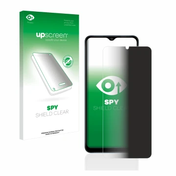 Vorderseite einer Produktverpackung mit dem Markenlogo upscreen. Daneben ist das Gerät Samsung Galaxy A12 mit dem zugehörigen 