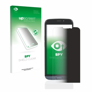 Vorderseite einer Produktverpackung mit dem Markenlogo upscreen. Daneben ist das Gerät Doro 8050 Plus mit dem zugehörigen Disp