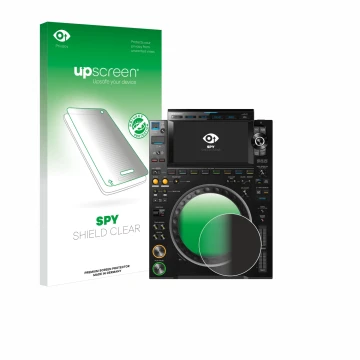 Vorderseite einer Produktverpackung mit dem Markenlogo upscreen. Daneben ist das Gerät Pioneer CDJ 3000 (Kreis) mit dem zugehö