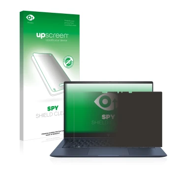 Vorderseite einer Produktverpackung mit dem Markenlogo upscreen. Daneben ist das Gerät HP Elite Dragonfly G2 mit dem zugehörig