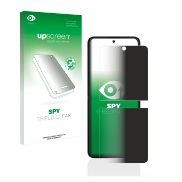 Vorderseite einer Produktverpackung mit dem Markenlogo upscreen. Daneben ist das Gerät Samsung Galaxy Z Flip 3 5G mit dem zuge