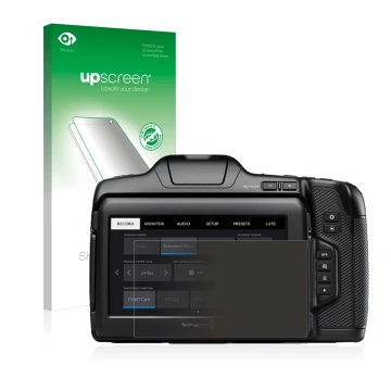 Vorderseite einer Produktverpackung mit dem Markenlogo upscreen. Daneben ist das Gerät Blackmagic Pocket Cinema Camera 6K Pro 