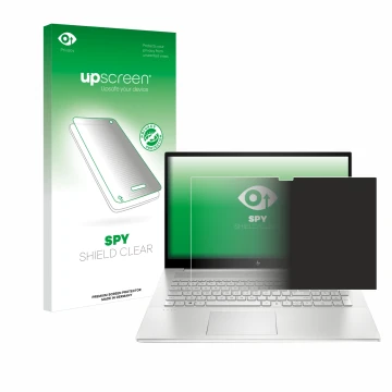 Vorderseite einer Produktverpackung mit dem Markenlogo upscreen. Daneben ist das Gerät HP Envy 17-cX mit dem zugehörigen Displ