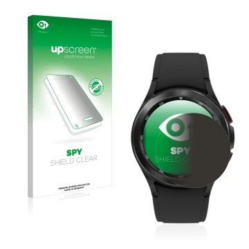 Vorderseite einer Produktverpackung mit dem Markenlogo upscreen. Daneben ist das Gerät Samsung Galaxy Watch 4 Classic (42mm) m