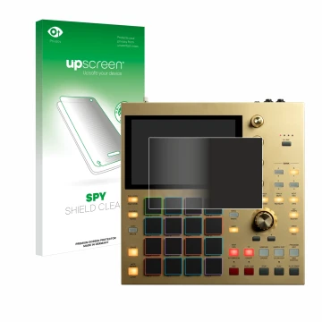 Vorderseite einer Produktverpackung mit dem Markenlogo upscreen. Daneben ist das Gerät Akai MPC One mit dem zugehörigen Displa