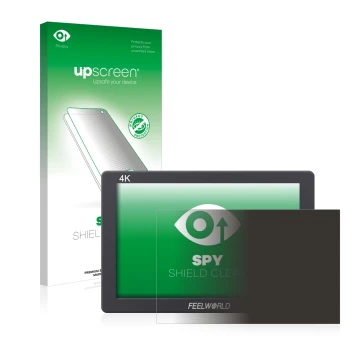 Vorderseite einer Produktverpackung mit dem Markenlogo upscreen. Daneben ist das Gerät Feelworld FW279 7