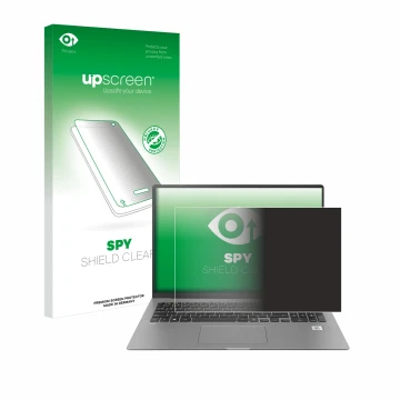 Vorderseite einer Produktverpackung mit dem Markenlogo upscreen. Daneben ist das Gerät LG gram 17'' 2021 mit dem zugehörigen D