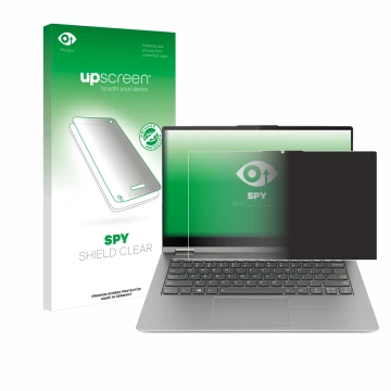 Vorderseite einer Produktverpackung mit dem Markenlogo upscreen. Daneben ist das Gerät Lenovo ThinkBook 14s Yoga mit dem zugeh