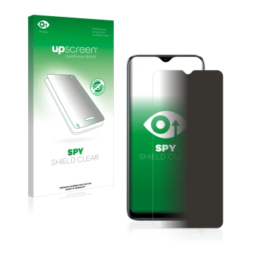 Vorderseite einer Produktverpackung mit dem Markenlogo upscreen. Daneben ist das Gerät realme C11 2021 mit dem zugehörigen Dis