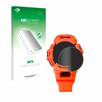 Vorderseite einer Produktverpackung mit dem Markenlogo upscreen. Daneben ist das Gerät Casio G-Shock GBA-900 mit dem zugehörig