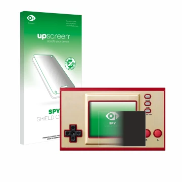 Vorderseite einer Produktverpackung mit dem Markenlogo upscreen. Daneben ist das Gerät Nintendo Game & Watch Super Mario Bros 