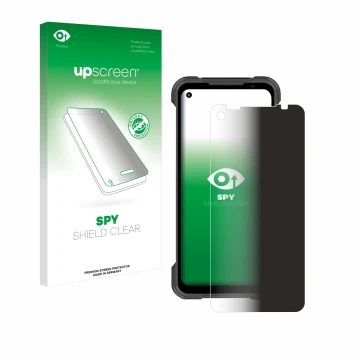 Vorderseite einer Produktverpackung mit dem Markenlogo upscreen. Daneben ist das Gerät Doogee S97 Pro mit dem zugehörigen Disp