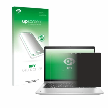 Vorderseite einer Produktverpackung mit dem Markenlogo upscreen. Daneben ist das Gerät HP ProBook x360 435 G8 mit dem zugehöri