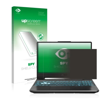 Vorderseite einer Produktverpackung mit dem Markenlogo upscreen. Daneben ist das Gerät ASUS TUF Gaming A15 mit dem zugehörigen