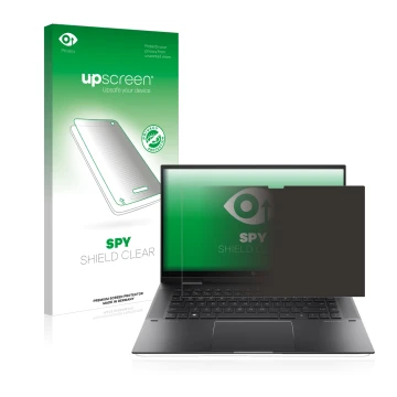 Vorderseite einer Produktverpackung mit dem Markenlogo upscreen. Daneben ist das Gerät HP Envy x360 (15-eX) (359 mm x 228.2 mm
